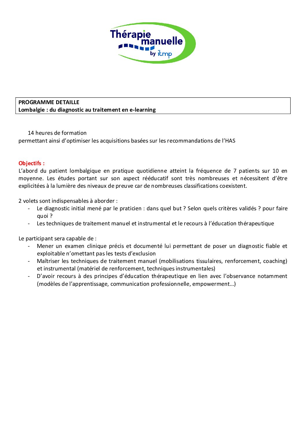 Programme Elearning lombalgie Institut de Thérapie Manuelle et de